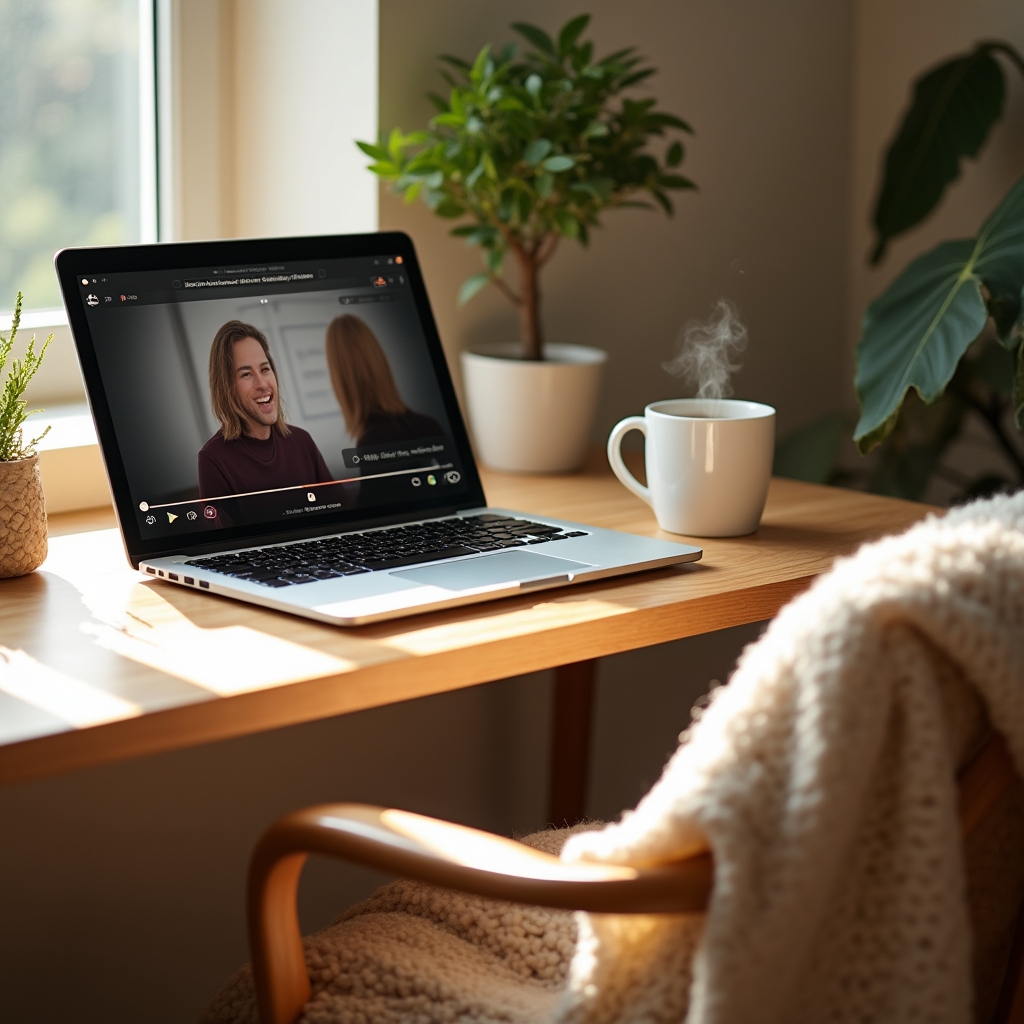 Útulné pracovní místo pro online studium s notebookem a šálkem kávy