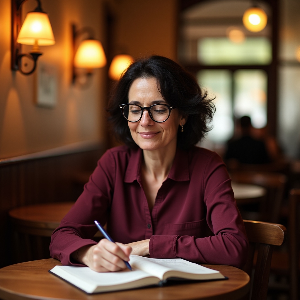 Žena přemýšlí nad zápisníkem v klidné kavárně